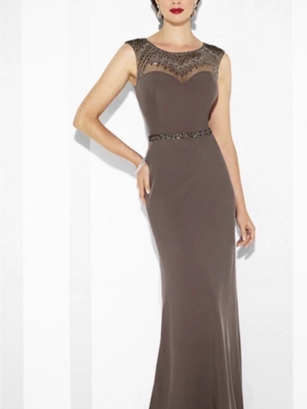 Elegant Taupe Beaded Illusion Gown